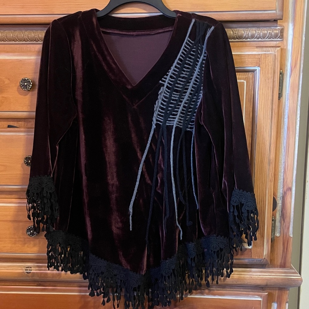 Artsy and textured Velvet Burgundy Top with Black Fringe